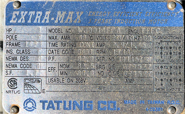 Tatung Co. 1 Hp Motor, 1710 Rpm)